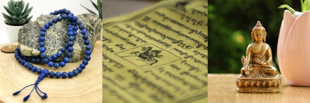 Asha Travel – gemeinsames Momo-Kochen im tibetischen Homestay Produktcollage mit Mala-Kette, tibetischem Gebetsblatt und goldener Buddha-Statue aus dem meinNepal Shop