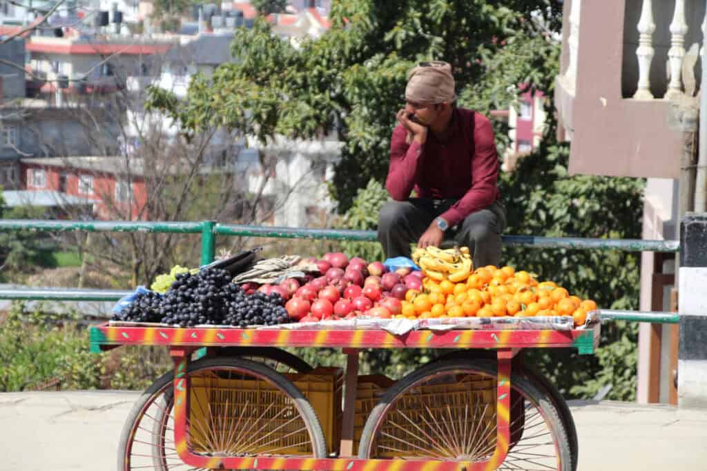 Ein nepalesischer Obsthändler sitzt ruhig hinter seinem Wagen voller Früchte und wartet auf Kunden – ein Sinnbild für Gelassenheit und Geduld im Alltag.